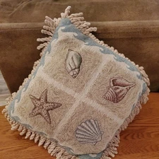 Tapestry Seashell Pillow 15" Ocean Blue With Fringe Vintage