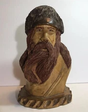 Vintage Hand Carved Wood Wooden Bust Head Trapper Hunter Viking Explorer 8.5”