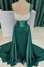 Satin Off-Shoulder Beaded With Detachable Train Party Prom Evening Dress