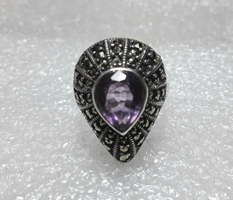 Anillo Vintage Judith Jack Plata de Ley 925 Marcasita y Amatista Banda Talla 8.25 Foto 4 de 4