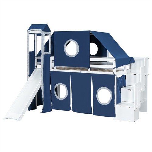 Twin Size Wood Loft Bed with Slide,Tent, Tower & Storage Staircase for Kids Blue - Picture 14 of 18