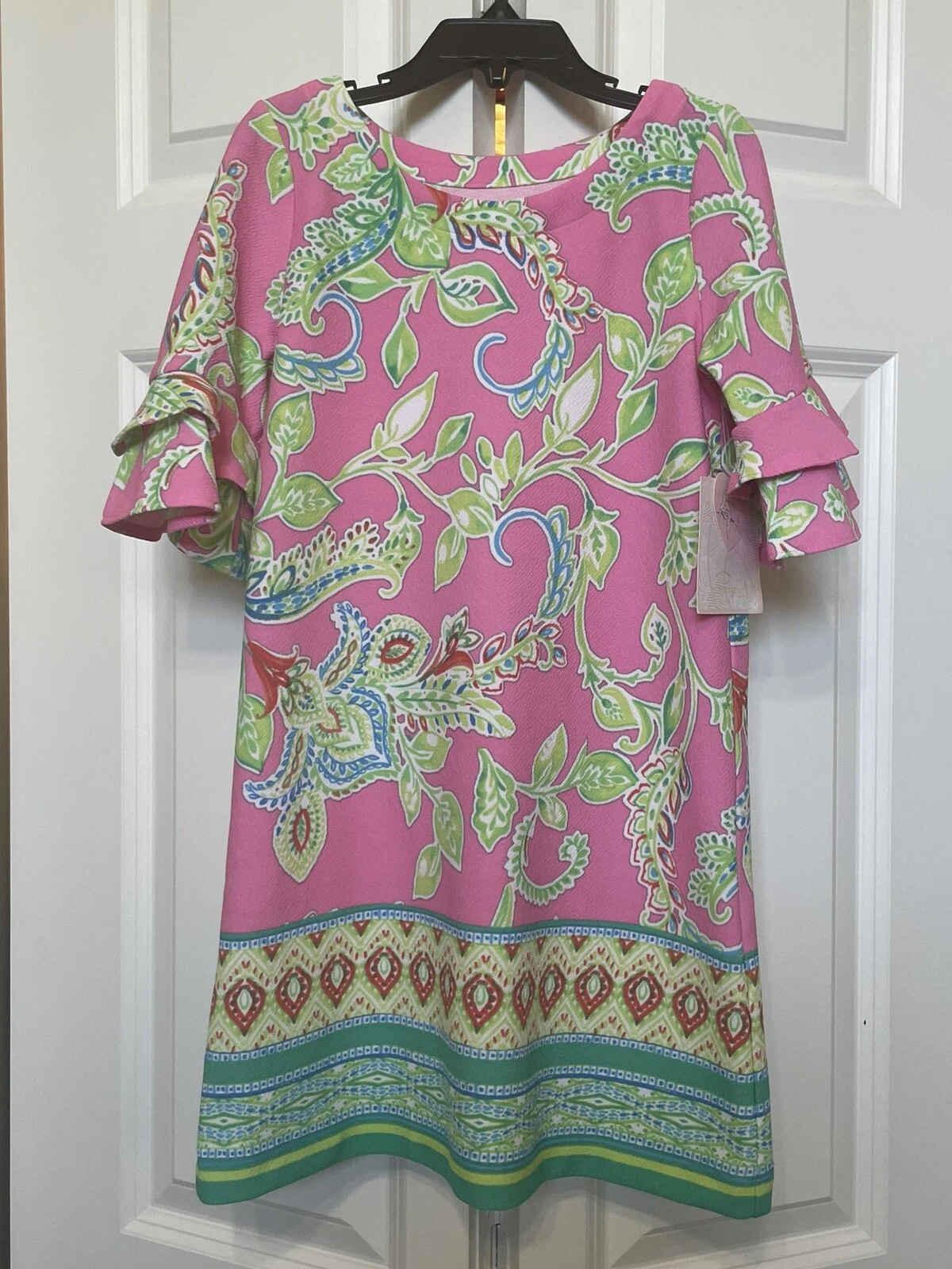 NWT Girls Pappagallo Dress Sz 6/6X Ruffle Sleeves Pink/Green