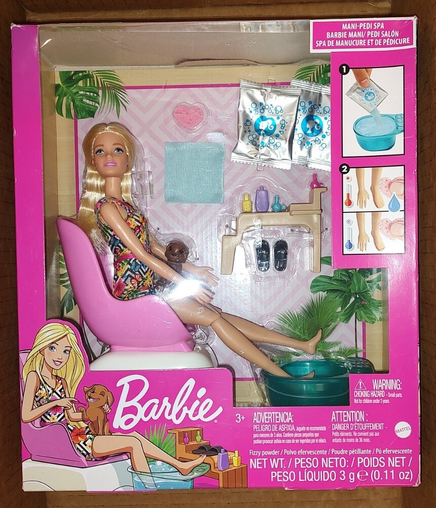 Mattel Mani-Pedi Spa Barbie Doll Playset, 14 Pieces New In
