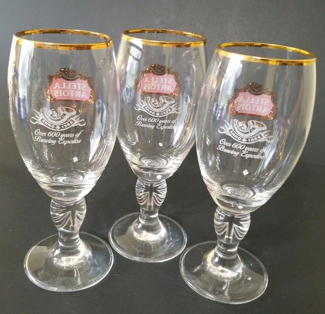3 Stella Artois Belgium Gold Rimmed Beer Glasses/Goblets 15 cl 600
