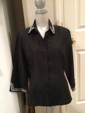 Silk Land Women’s Black 100% Silk Lined Jacket 3/4 Sleeves White Embroidered 8