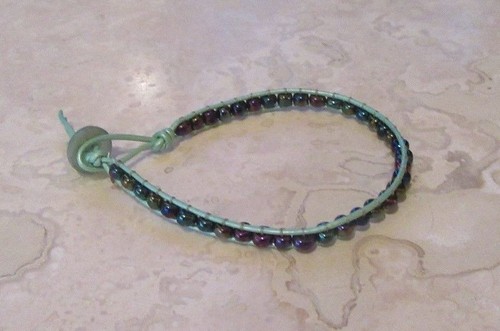Iridescent Bracelet, Iridescent Purple, Green, Pink, Blue Glass on Mint Leather - Picture 3 of 6