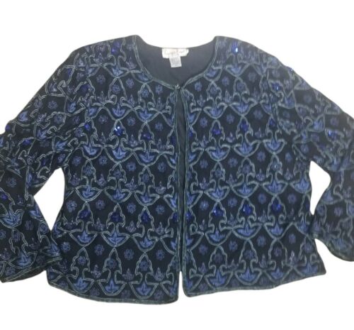 Giacca di seta vintage con perline di paillettes 2XL nero floreale blu Lorence Kazar come nuova - Foto 2 di 11