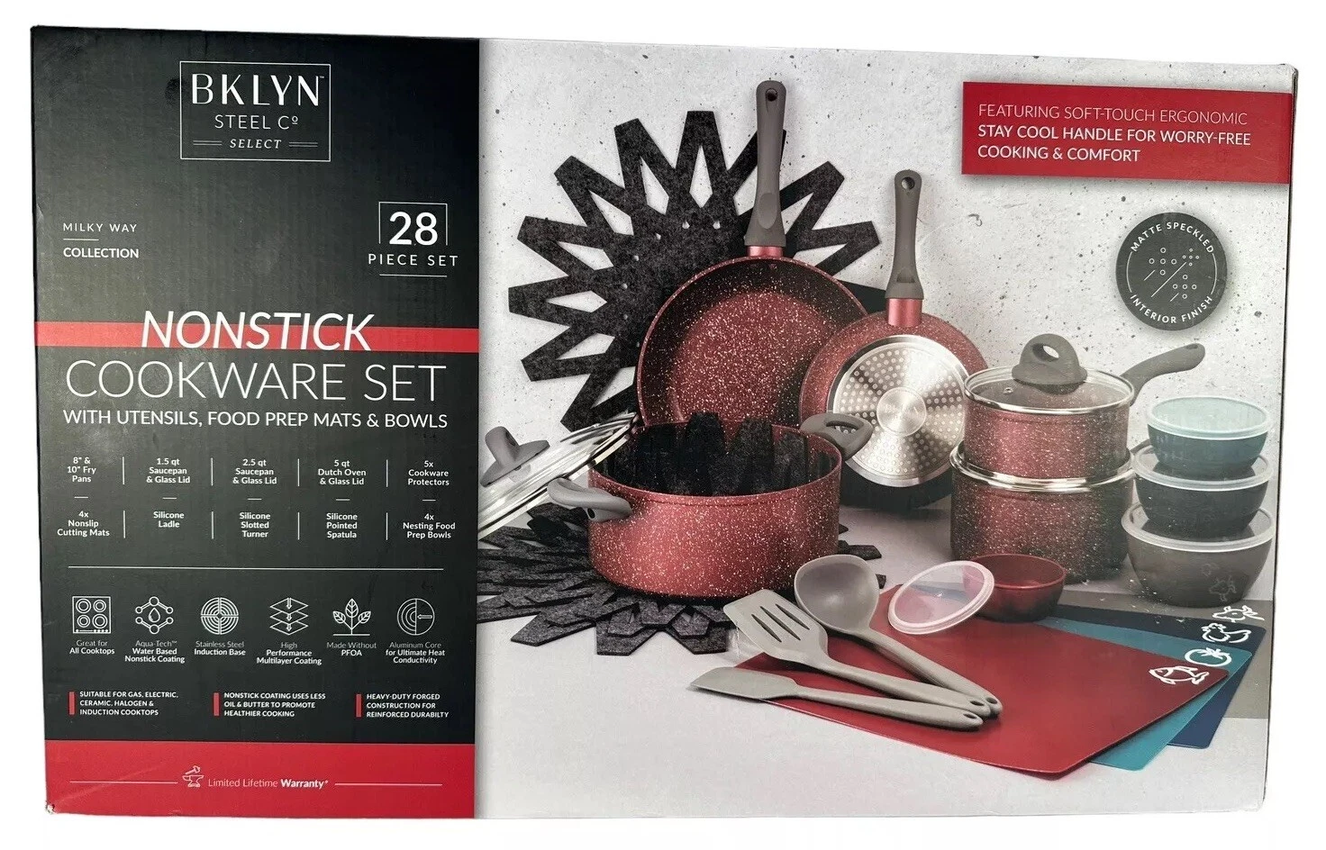 BKLYN Steel Co Select Non Stick Cookware Set 28 Piece Merlot