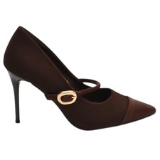 Decollete donna rosa in tessuto con cinturino e fibbia dorata tacco a spillo 12 