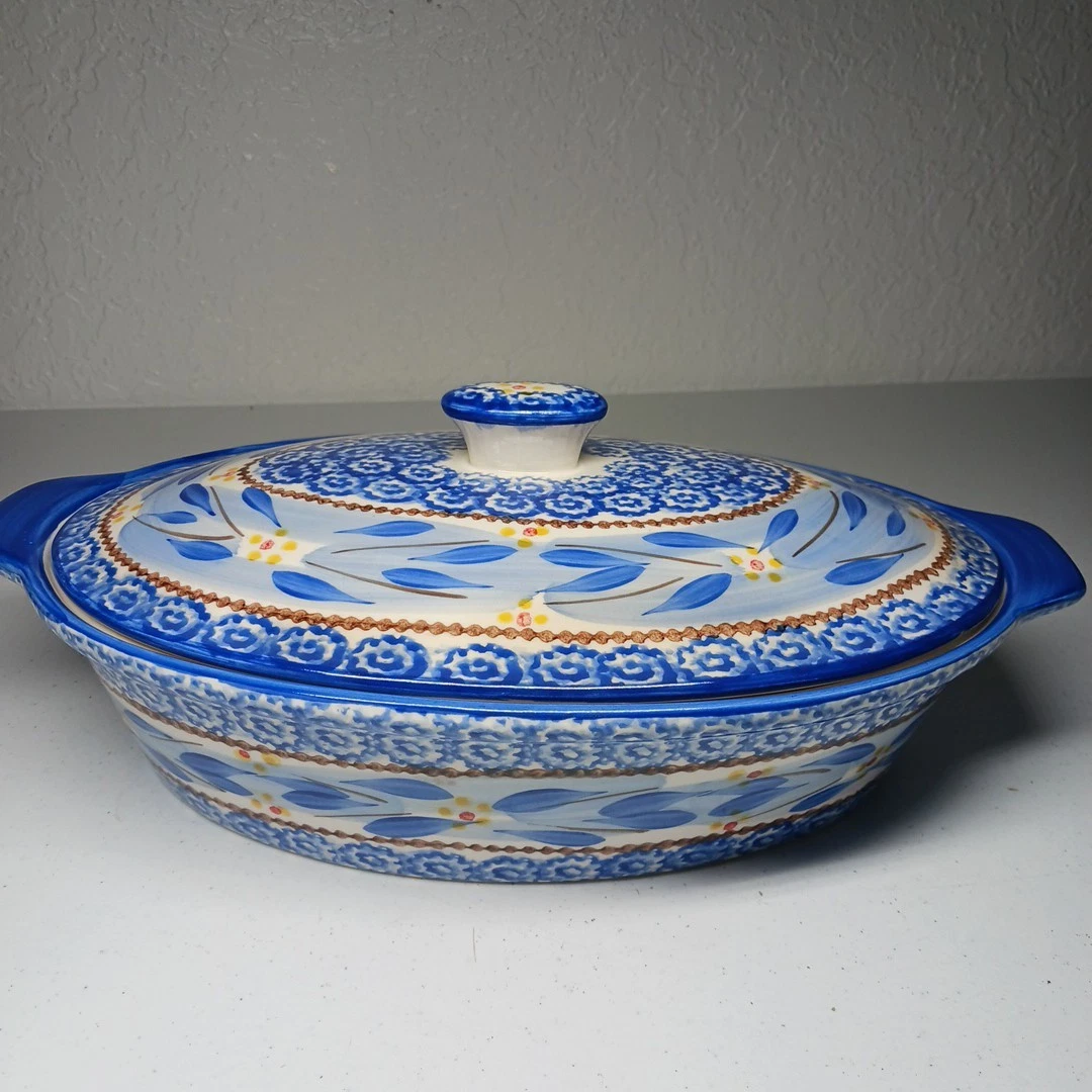 Temp-Tations Oven Wear 2 Quart Oval Covered Casserole Old World Blue
