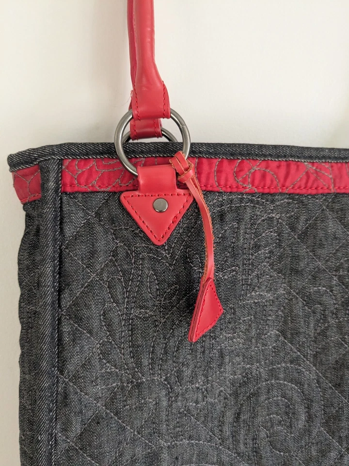 Chicos Black Denim Quilted Tote Bag Red Handles Shoulder Satchel Purse Carryall - Image 3 of 4