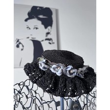 Vintage Black Woven Straw Pillbox Hat Ruffle Brim Floral Ribbon Bow Mid Century