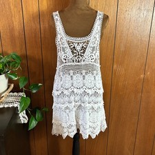 White Crochet Lace Tiered Mini Dress Sleeveless Boho Festival Swimsuit Coverup