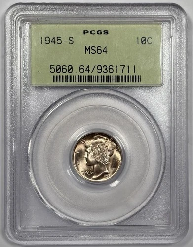 1945-S 10c MS64 Mercury Silver Dime - PCGS OGH - Old Green Holder - PQ