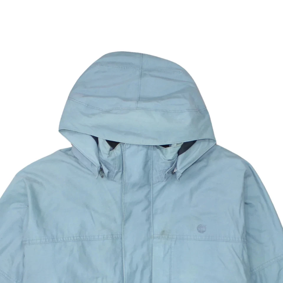 Timberland Light Blue Hooded Jacket Men's Large Zip Pockets Subtle Logo - Image 3 of 4