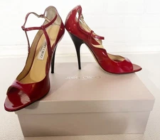 JIMMY CHOO Eliza Petrol Patent Leather Red Open Toe Ankle Strap Heels Sz 8.5