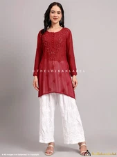 Maroon Viscose Chikankari Short Kurta, Handmade Lucknowi Chikankari Tunic Top
