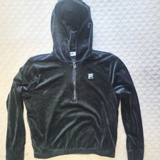 FILA Black Velour Quarter Zip Pullover Hoodie Embroidered Logo Womens M