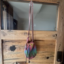 Handmade Crochet Drawstring Bucket Bag Boho Festival Crossbody Multicolor