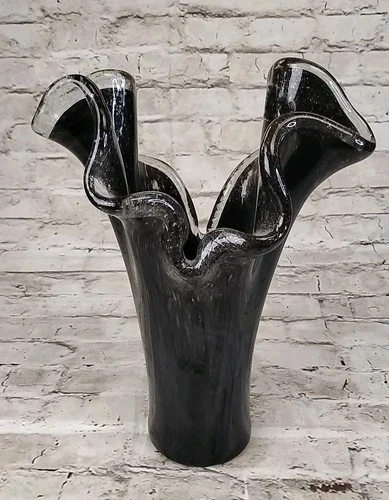 Contemporary Iridescent Black/ Bronze Split Neck Freeform Murano Glass Vase