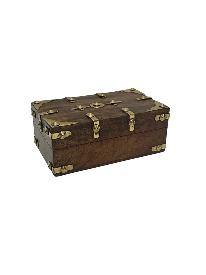 Wooden Treasure Chest Rustic  Keepsake Box Antique Style Small Retro Trinkets - Image 3 of 4