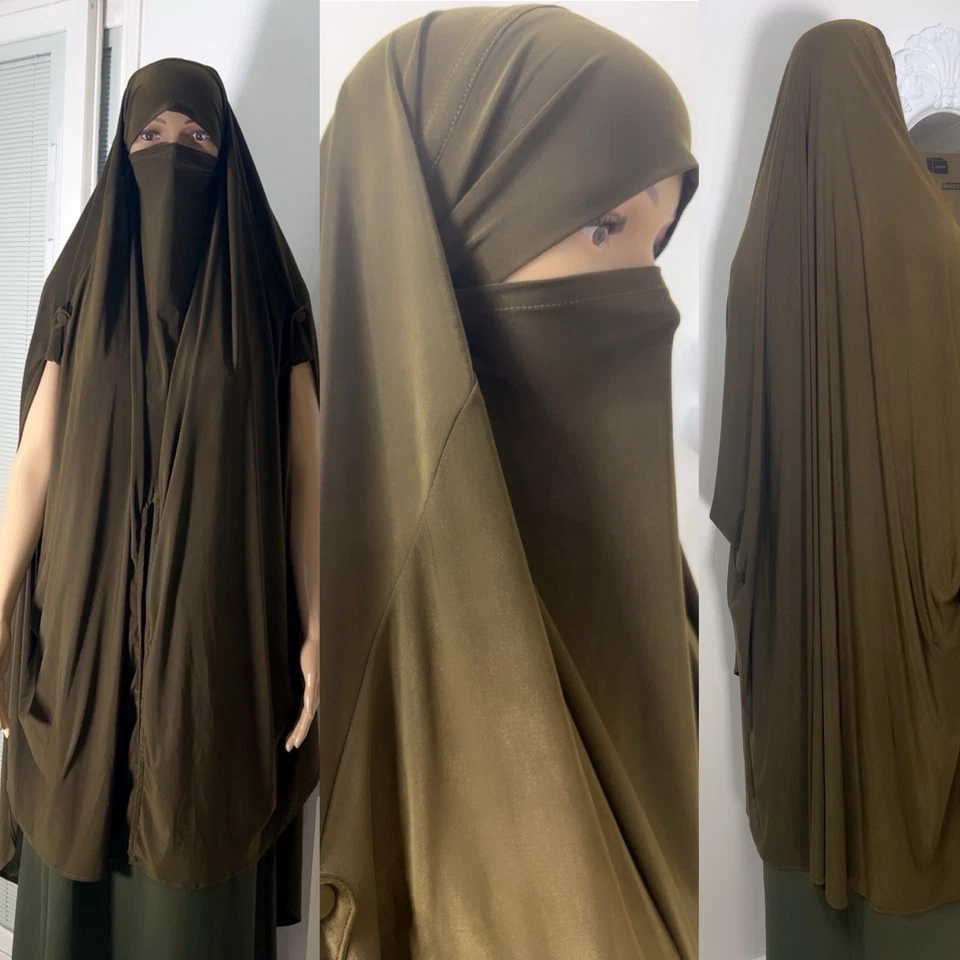 Camisa hijab larga ancha verde oliva entrelazado capa chic incorporada niqab talla libre Foto 2 de 4