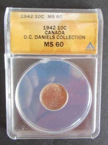 1942 SILVER 10 CENTS ANACS GRADED MS60 CANADIAN DIME