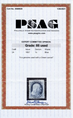 US 24 1c 1857 Benjamin Franklin type V PSAG grade 85 green cancel - Picture 3 of 3