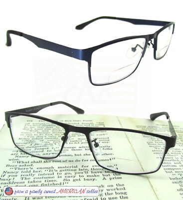 Bifocal Readers +100 to +400 Lightweight BRUSHED METAL BLUE BLACK Womens Mens