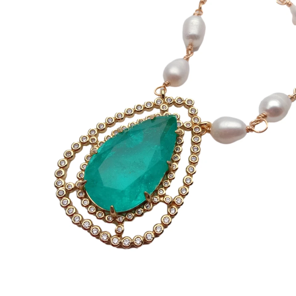 19英寸白色米珍珠念珠链项链绿色石英泪珠Cz铺吊坠 — 第 3/4 张图片
