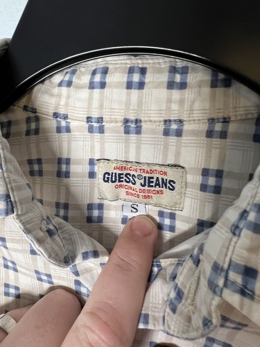 Guess Jeans Georges Marciano Vintage 90s Shirt Mens Small Beige Blue Grunge - Picture 3 of 5