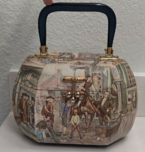 Decoupage Wood Purse Handbag Case Decor Octagon Victorian Early American Vintage - Picture 1 of 10