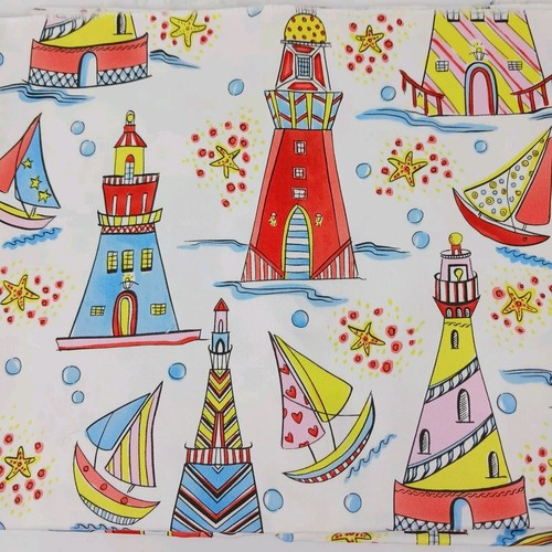 Cotton Fabric Cartoon Style Lighthouses & Sailboats Red Pink Yellow Blue 35x17" - Picture 2 of 3