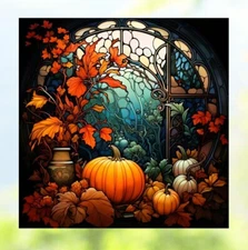 Fall Pumpkins & Leaves Faux Stained-Glass WINDOW CLING Size 8" Vinyl