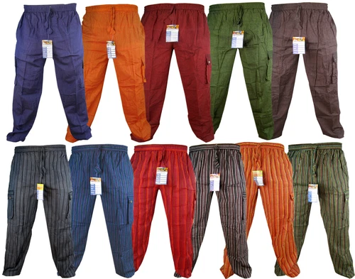 Plain Striped Cotton Light Loose Straight Elastic Waist Nepalese Trousers Pant