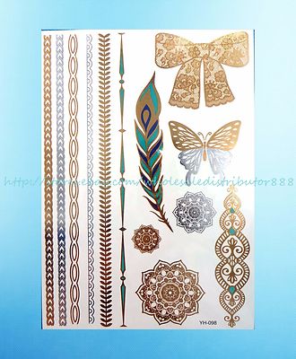 Lace Bowknot feather link chain metallic gold bling flash temporary tattoo stick