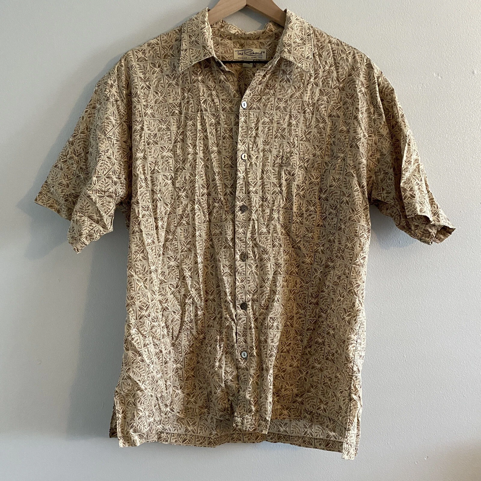 Tori Richard Shirt Large Brown Button Up Camp Hawaiian Casual Men Cotton Lawn