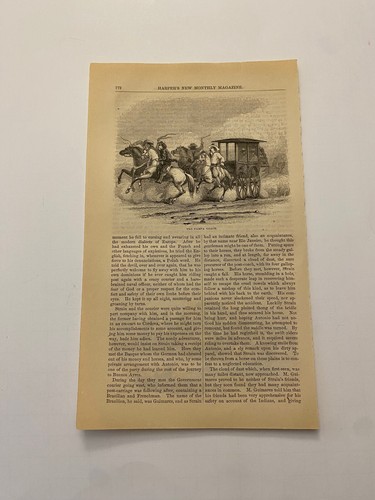 Argentina Pampa Coach Dismounted Cowboys on Pampas c. 1858 Engraving