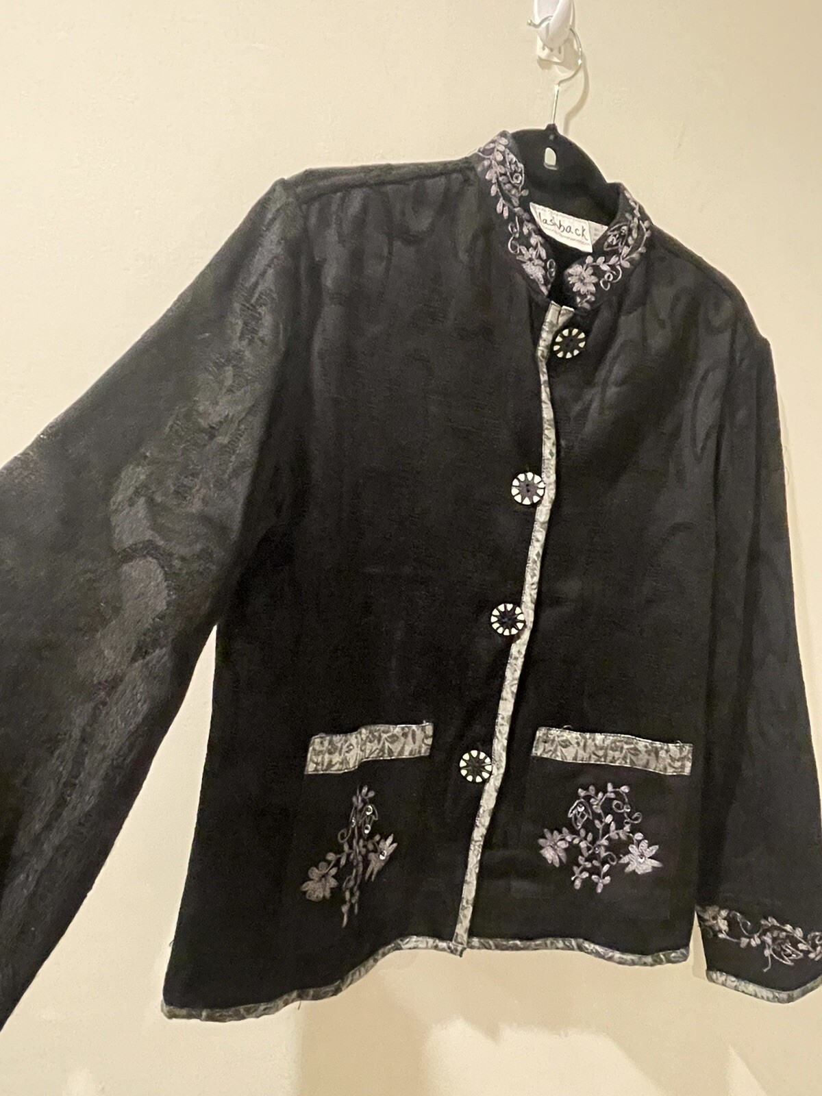 Flashback Black Button Front Stand Up Collar Embr… - image 3