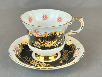 Paragon PEMBROKE BLACK L  Footed Cup & Saucer Set Pink Roses c. 1950's : MINT