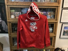 Wisconsin Badgers Red ADIDAS Bucky PATCHED  SPELL OUT Women  s Hoodie SZ M -Cool