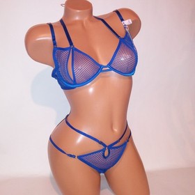 Victoria Secret Bra Set Bra & Panty Low Cut Demi Blue Mesh Strappy Very Sexy New