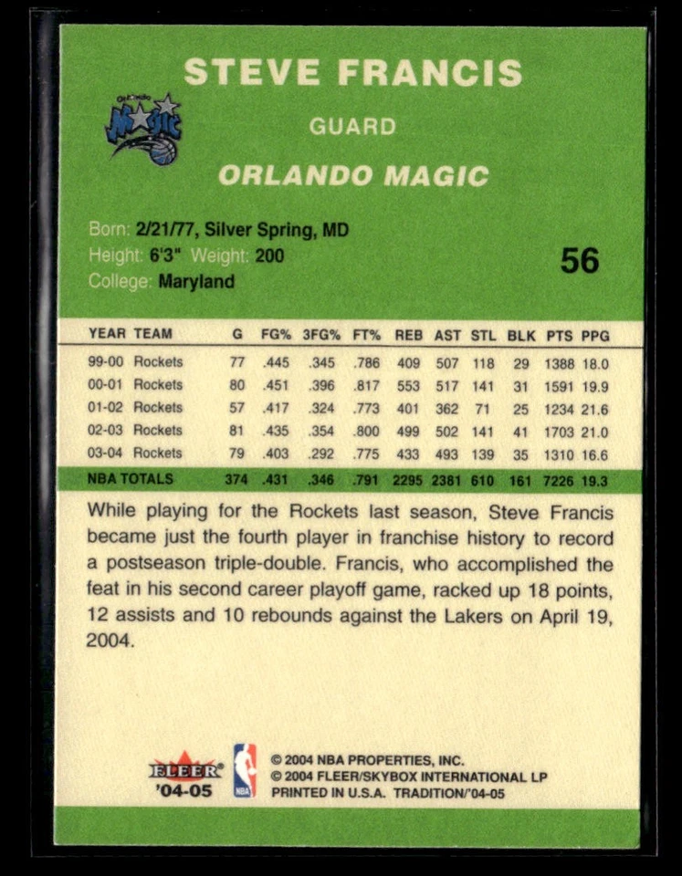 2004-05 Fleer Tradition Steve Francis #56 Green - Image 2 of 2