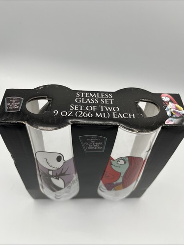 2 Oblong Glasses Nightmare Before Christmas Jack and Sally Barware 9 oz New In B - Picture 2 of 8
