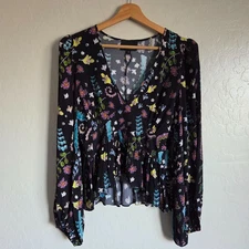 Cynthia Rowley Artsy Floral Balloon Sleeve Babydoll Blouse Top Black Size 6 NWOT