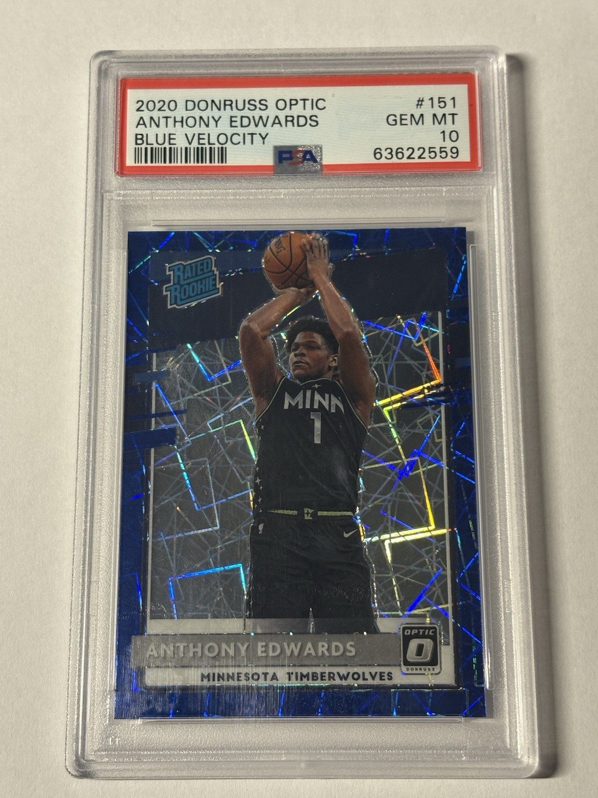 2020-21 Donruss Optic Blue Velocity Prizm #151 Anthony Edwards RC Rookie PSA 10