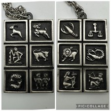 Vintage Zodiac Pendant Necklace Pewter Double Sided Astrology Signs