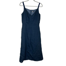 J. Crew Midi Dress Womens size 10 Blue Linen Tank Sleeveless A-Line V-Neck Lined
