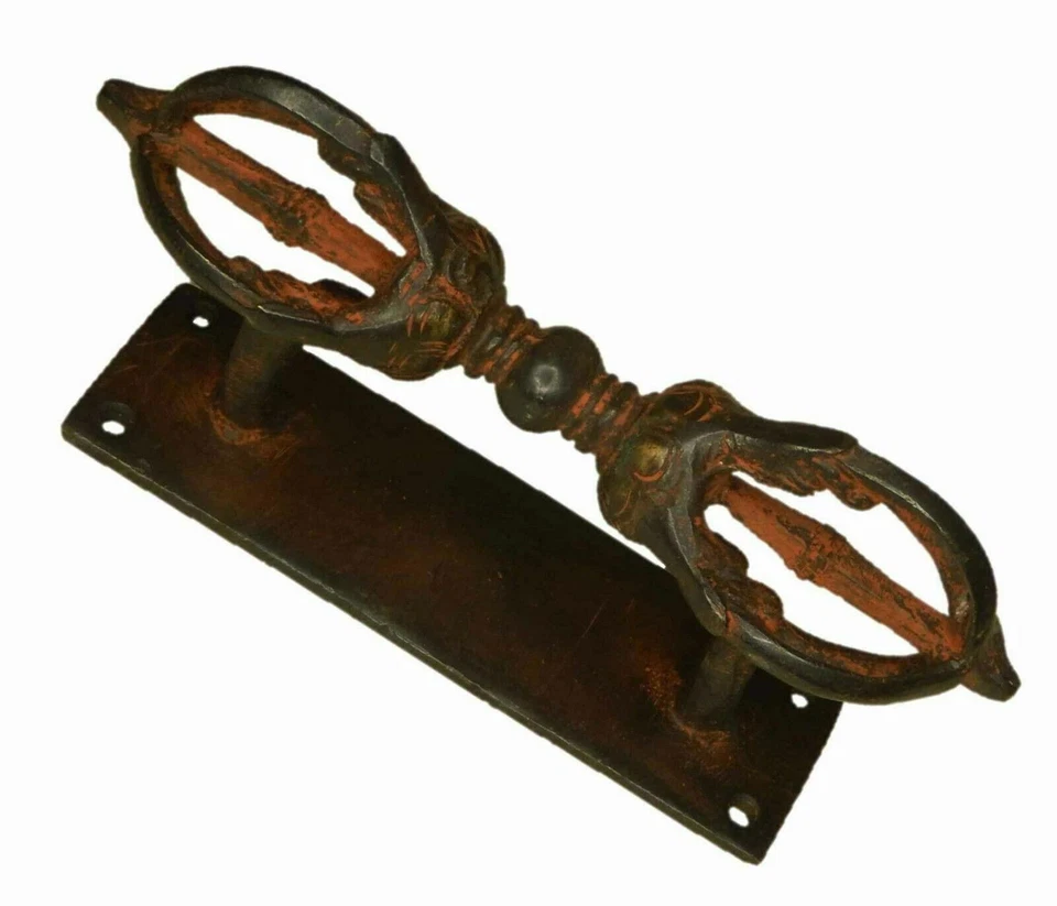 红色藏族多杰 Vajra 复古饰面手工黄铜门把手拉刀 — 第 3/4 张图片