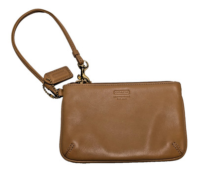 COACH Leatherware Camel/Tan Leather Wristlet with Hangtag, Logo Lining, 6'' x 4''